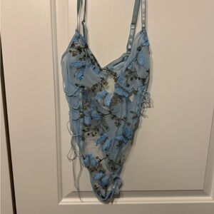 Chic Blue Floral Lace Bodysuit